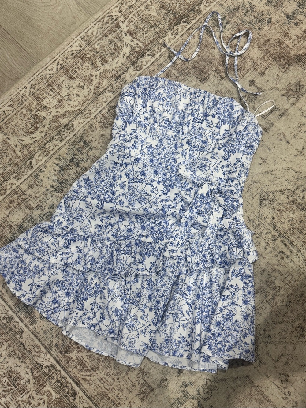 SHEIN Blue White Floral Halter Ruffle Dress Size L